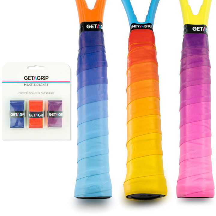 Colorful tennis racket grips with packaging on a white background