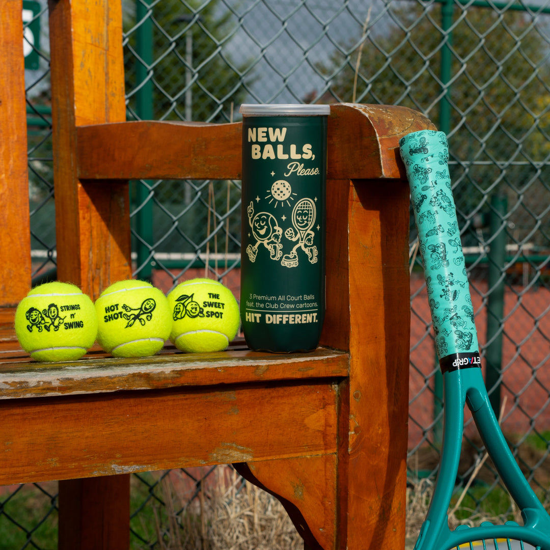 Club Crew balls, tube and overgrip courtside